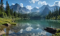 mountains are reflected in the still waters of the mountain lake