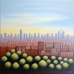 a painting of cityscape with a large amount of clouds,a painting shows a view of a large city,a painting depicting the skyline with green trees and skyscrapers,a painting of city skyline with treetops and tall buildings,painting depicting the city skyline in an urban setting