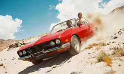 a couple of people that are in a car in the sand
