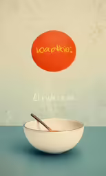 a bowl with a fork inside of it sitting on a counter