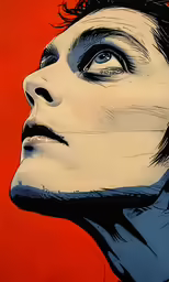 a painting of a man looking up