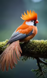 a colorful bird with orange feathers sits on a tree branch