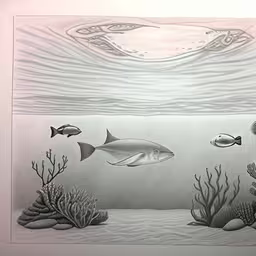 this drawing has many fish on it and is gray in color,a drawing that depicts a sea life scene,pencil drawing of coral reef with fish and wave,a drawing of some fish swimming in the water,a drawing of an ocean scene with fish and reef