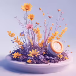 a jar full of something and flowers and a round object in the center