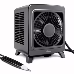 a black and gray fan heater with usb cord
