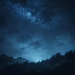 some stars in the sky above a wooded hill