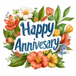 happy anniversary card with flowers and leaves on white