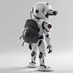 the robot is holding a small camera and looking into a telescope