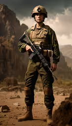 a man in military gear standing with an akm,a man in uniform with rifle posing on desert