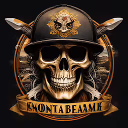 a skull wearing a helmet with a banner on the back,skull with helmet and two swords on a black background