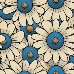 white daisies and blue dots on a light background