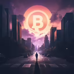 a man walks down a city road with a big circle