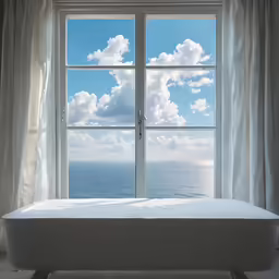 a bed sitting in front of a window with an ocean view