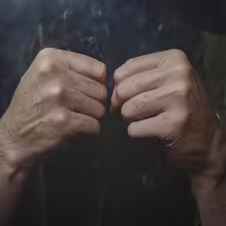 there is a hand punching something in front of a window