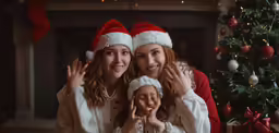 two women and a child are smiling next to a christmas tree