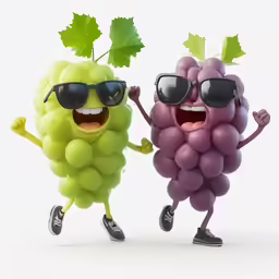 a pair of cartoon grapes wearing sunglasses and running