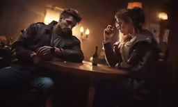 a man and a woman at a table with beer in hand