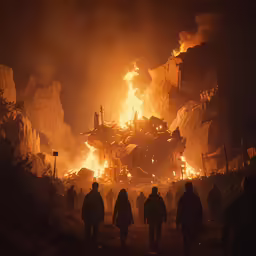 people walking around a large structure on fire