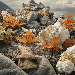 there is some kind of rock and leaf arrangement