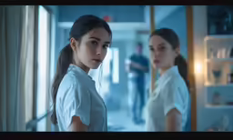two young woman with ponytails stand in front of a mirror