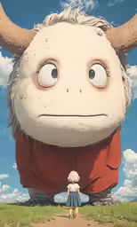 a person in front of a large horned animal