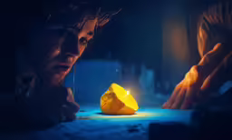 a child stares at an object on a blue surface