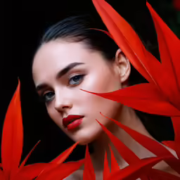 a woman with bright red flowers and lipstick is posing