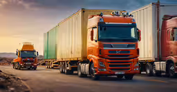 two large trucks on the road on a cloudy day,two trucks driving down a long road near rocks