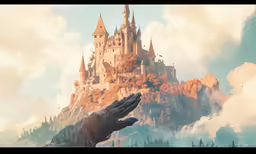 a giant hand reaching for a castle on a mountain