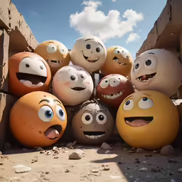 a close up of many faces and mouths near some bricks