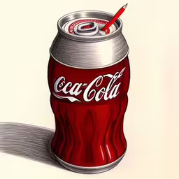 a can of coca - cola with a straw stuck into the end