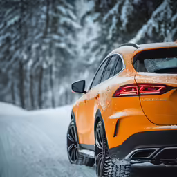 a car is driving in the snow through trees
