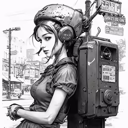 a drawing of a woman with ear phones leaning on a camera