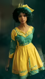 an african american woman dressed in a yellow and green dress