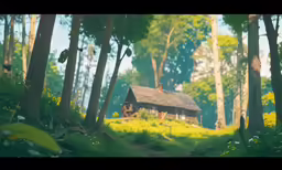 a house with green plants on a green hill surrounded by trees