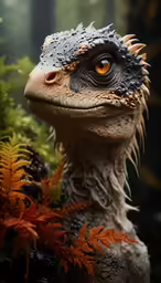 a lizard is in the moss, with yellow eyes