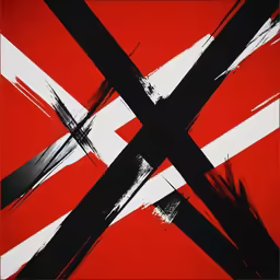 a red and black painting with white lines