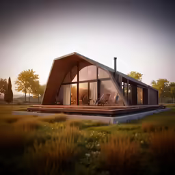 an open plan home sitting on top of a grassy hillside