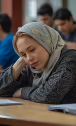 a girl sitting at a desk wearing a headscarf with books