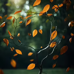 a tree branch with yellow leaves in front of trees