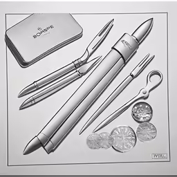three pens, a pocket knife, and some coin sitting on a sheet of paper