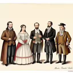 four historical people are shown from an antique fashion book,a picture of an english family with the man with three children