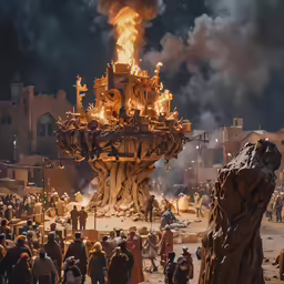 many people gathered around a structure on fire