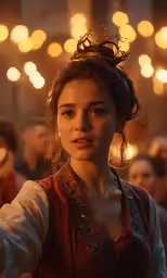 a girl with brown hair is dressed up for a show