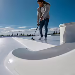a lady playing curling in the sun on a roof