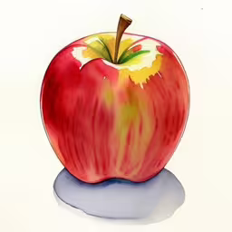 an apple painted with watercolour on paper,a red apple with yellow and green stripe is shown