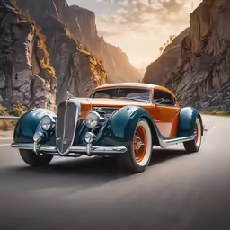 an antique car on a mountainous road during the day