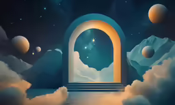a painting of an arch in the clouds with several planets on the sky