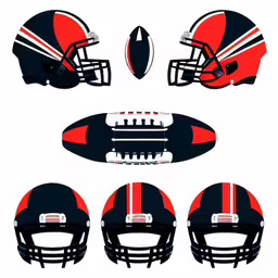 football helmets and a football on a white background,a full size football helmet and a smaller one,a football helmet with four different helmets,football uniforms and helmets for the different teams,the helmets and balls for football are in different positions