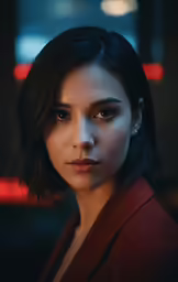 a woman with black hair looking into the camera